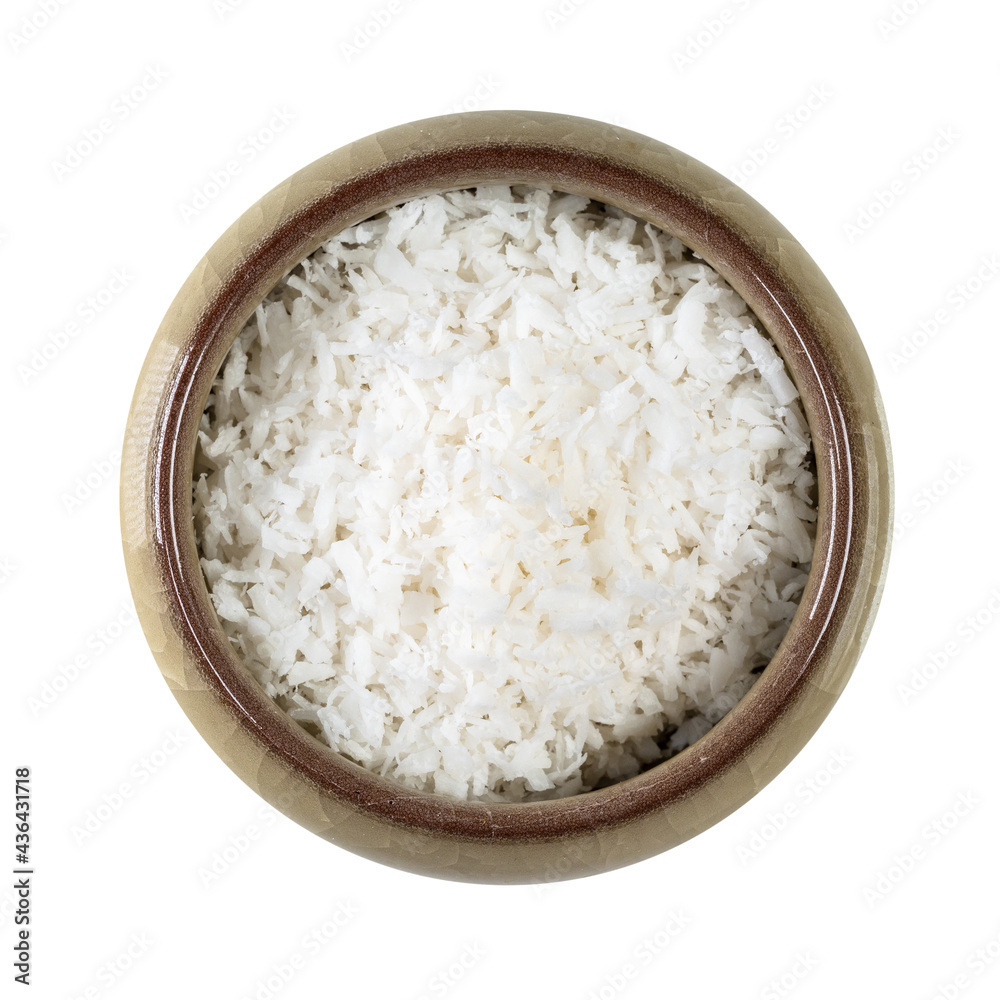 coconut flakes in round ceramic bowl cutout