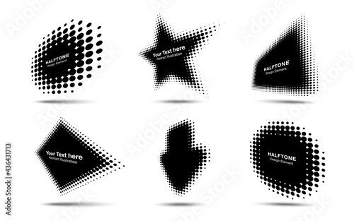 Halftone circle dots perspective logo emblem design element for technology, medical, treatment, cosmetic. Set half tone frame banners. Vector illustration.