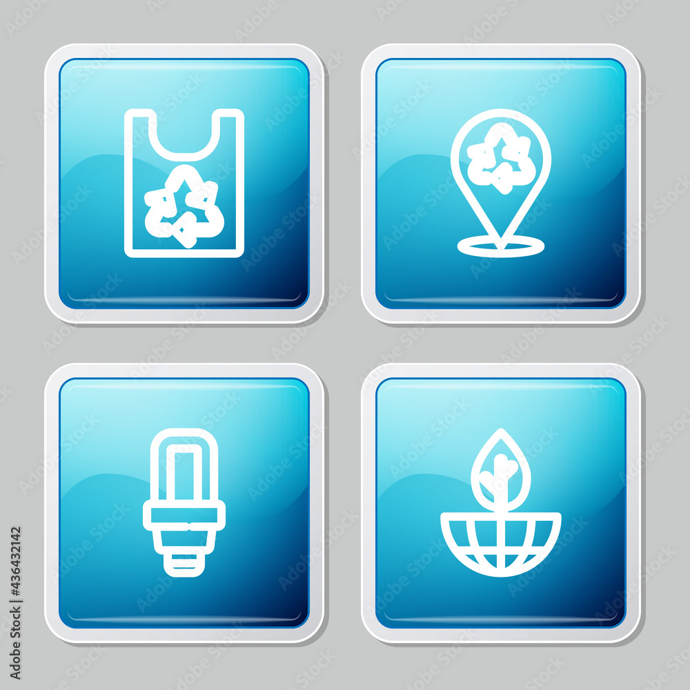 Set line Plastic bag with recycle, Recycle, LED light bulb and Earth globe and plant icon. Vector Set line Plastic bag with recycle, Recycle, LED light bulb and Earth globe and plant icon. Vector