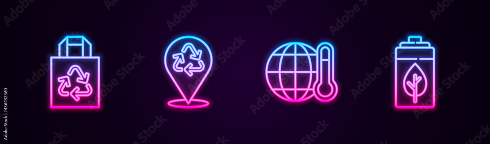Set line Paper bag with recycle, Recycle, Global warming and Eco nature leaf and battery. Glowing neon icon. Vector Set line Paper bag with recycle, Recycle, Global warming and Eco nature leaf and battery. Glowing neon icon. Vector