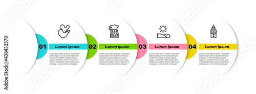 Set line Spanish wineskin, Sangria pitcher, Beach and Giralda. Business infographic template. Vector