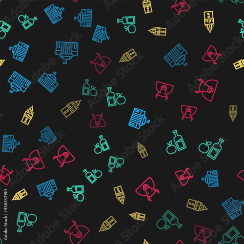 Set line Prado museum, Apple cider bottle, Giralda and Bull on seamless pattern. Vector