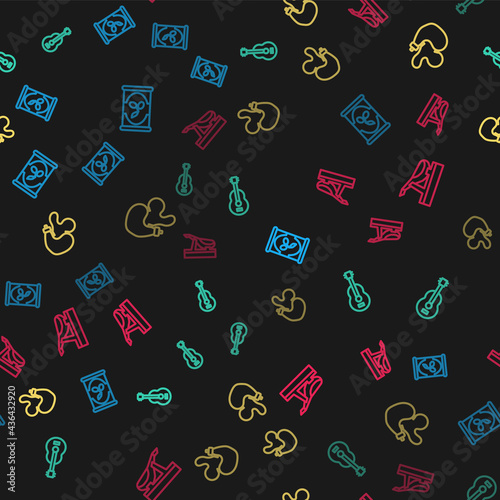 Set line Olives in can, Spanish guitar, wineskin and jamon on seamless pattern. Vector