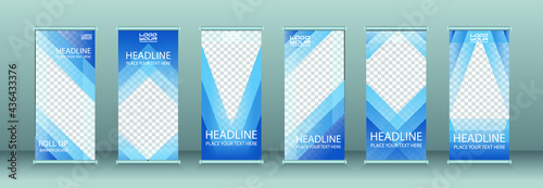 Business Roll Up Set. Standee Design. Banner Template, Abstract Blue Geometric Triangle Background vector, flyer, presentation, leaflet, x-stand, x-banner, exhibition display transparent template.