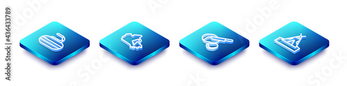 Set Isometric line Stone for curling, Canada map, Peameal bacon and Indian teepee wigwam icon. Vector