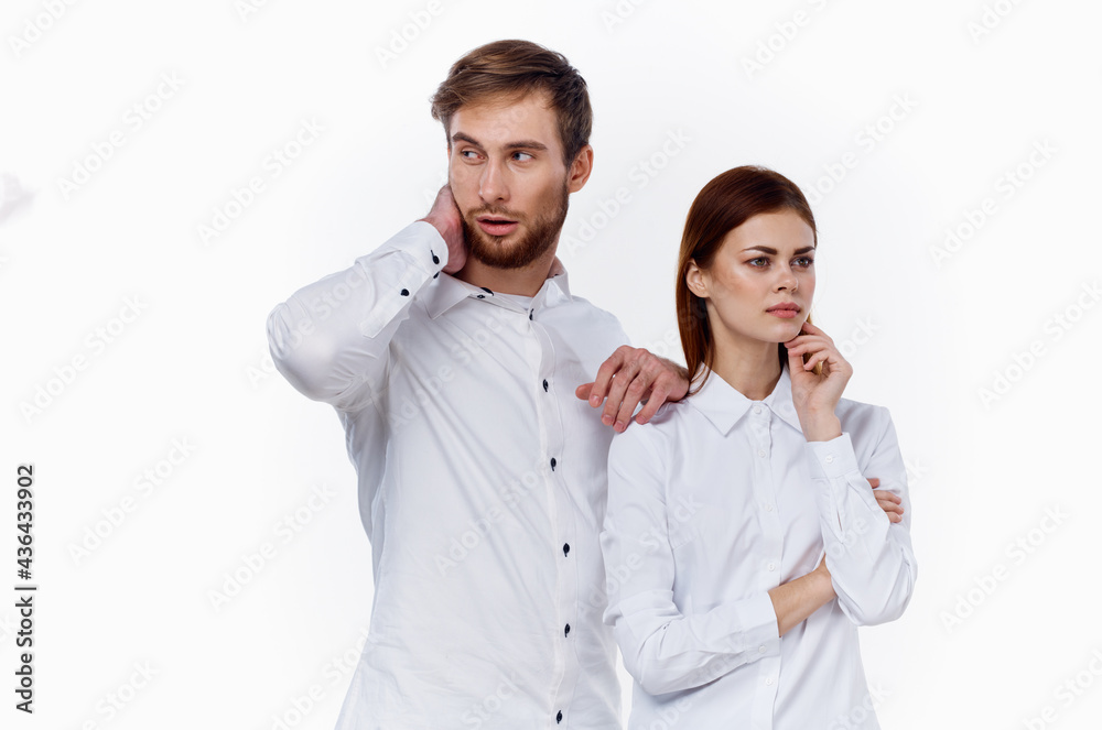 man and woman in white shirts are standing next to each other smile communication family man and woman in white shirts are standing next to each other smile communication family