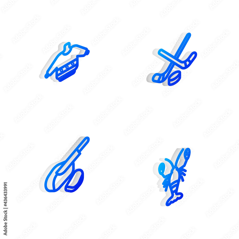 Set Isometric line Ice hockey sticks and puck, Christmas sweater, Peameal bacon and Lobster icon. Vector Set Isometric line Ice hockey sticks and puck, Christmas sweater, Peameal bacon and Lobster icon. Vector