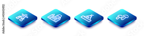 Set Isometric line Inukshuk, Chateau Frontenac hotel, Indian teepee or wigwam and Mushroom icon. Vector