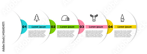 Set line Christmas tree, Igloo ice house, Moose head with horns and Wooden log. Business infographic template. Vector