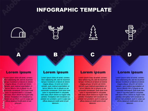 Set line Igloo ice house, Moose head with horns, Canadian spruce and totem pole. Business infographic template. Vector