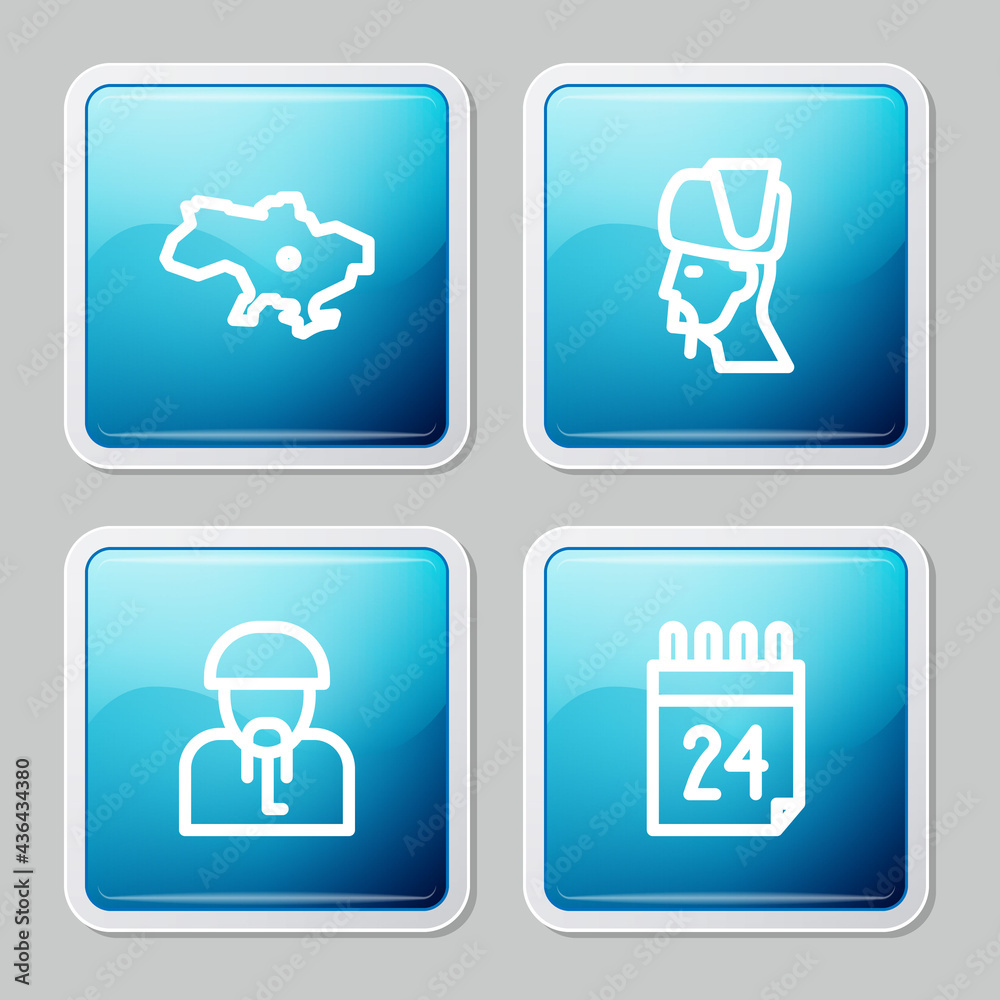 Set line Map of Ukraine, Ukrainian cossack, and Independence day icon. Vector
