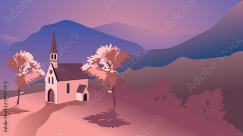 Catholic church in sunrise mountains
