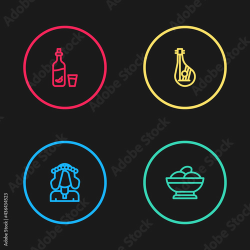 Set line Ukrainian woman, Varenyky bowl, Bandura and Vodka with pepper glass icon. Vector
