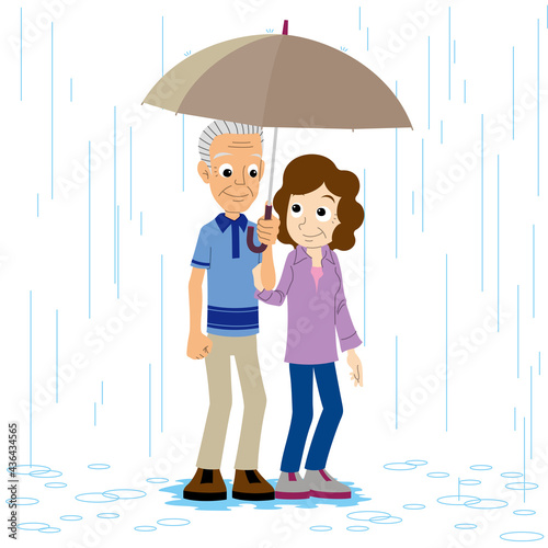 雨の日デートする老夫婦