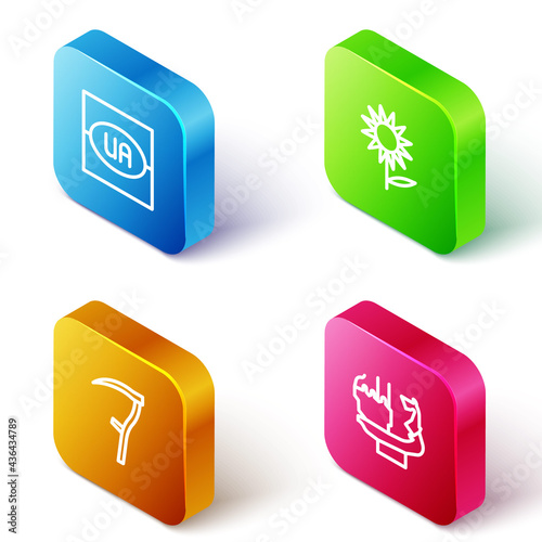 Set Isometric line Flag of Ukraine, Sunflower, Scythe and Monument to founders Kiev icon. Vector