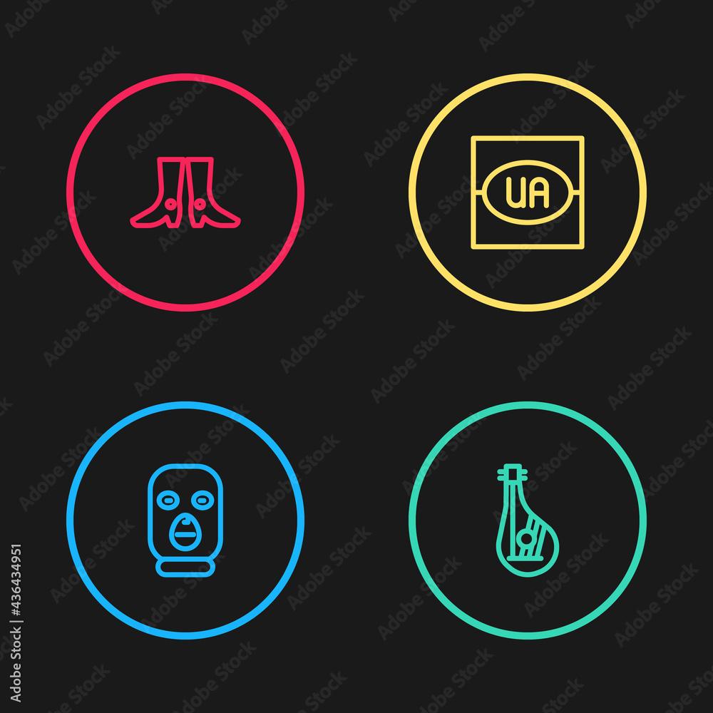 Set line Thief mask, Bandura, Flag of Ukraine and Ukrainian footwear icon. Vector Set line Thief mask, Bandura, Flag of Ukraine and Ukrainian footwear icon. Vector