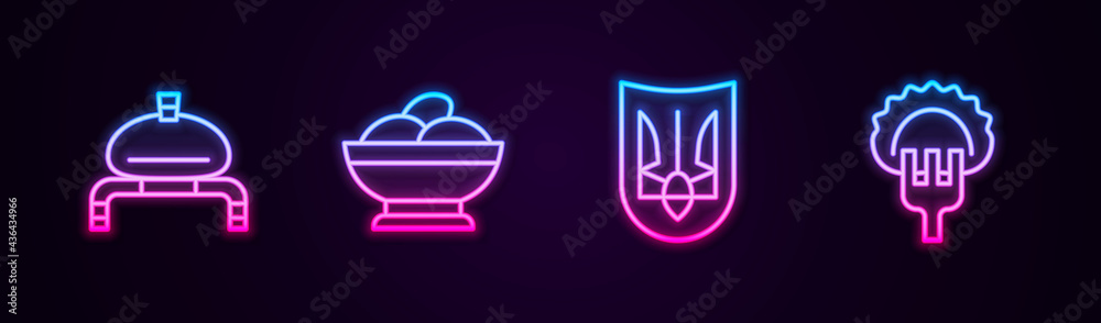 Set line Bread and salt, Varenyky in bowl, Ukrainian trident and Dumplings on fork. Glowing neon icon. Vector Set line Bread and salt, Varenyky in bowl, Ukrainian trident and Dumplings on fork. Glowing neon icon. Vector