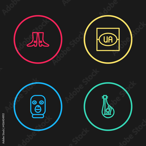 Set line Thief mask, Bandura, Flag of Ukraine and Ukrainian footwear icon. Vector