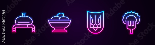 Set line Bread and salt, Varenyky in bowl, Ukrainian trident and Dumplings on fork. Glowing neon icon. Vector
