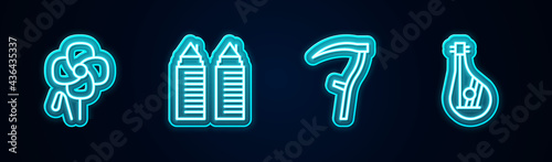 Set line Poppy flower, Two towers in Dnipro, Scythe and Bandura. Glowing neon icon. Vector