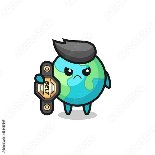 earth mascot character as a MMA fighter with the champion belt