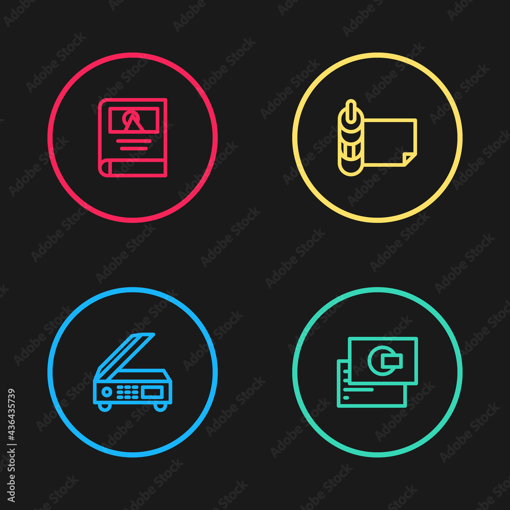 Set line Scanner, Business card, Roll of paper and Photo album gallery icon. Vector Set line Scanner, Business card, Roll of paper and Photo album gallery icon. Vector