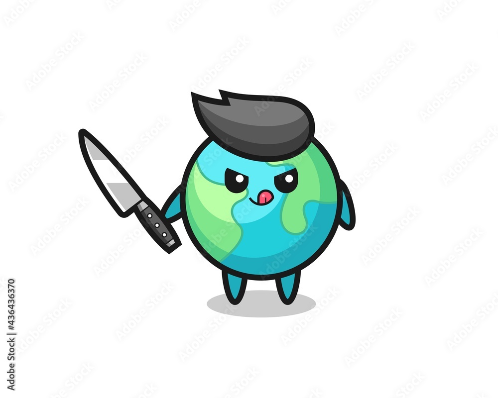 cute earth mascot as a psychopath holding a knife