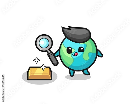 earth character is checking the authenticity of the gold bullion