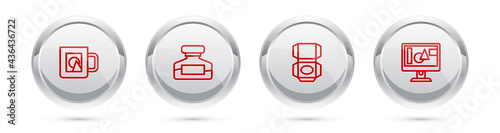 Set line Coffee cup, Ink bottle, Carton cardboard box and Computer monitor screen. Silver circle button. Vector