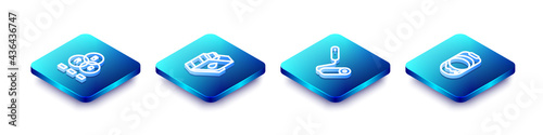 Set Isometric line RGB color mixing, Printer ink cartridge, Paint roller brush and bucket icon. Vector