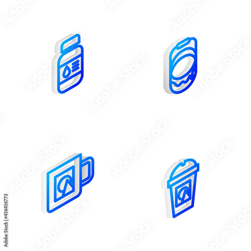 Set Isometric line Paint bucket, Printer ink bottle, Coffee cup and to go icon. Vector