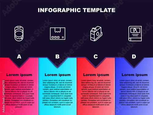 Set line Paint bucket, Carton cardboard box, Printer ink cartridge and Photo album gallery. Business infographic template. Vector