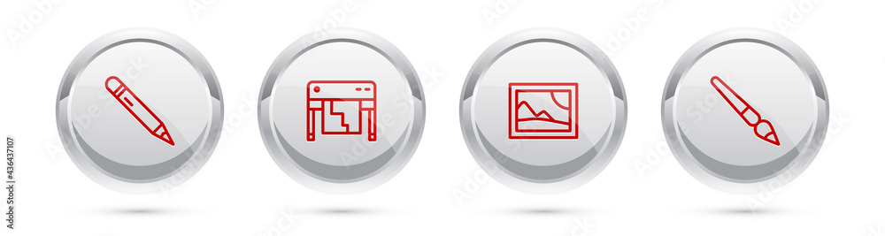 Set line Pencil with eraser, Plotter, Picture landscape and Paint brush. Silver circle button. Vector Set line Pencil with eraser, Plotter, Picture landscape and Paint brush. Silver circle button. Vector