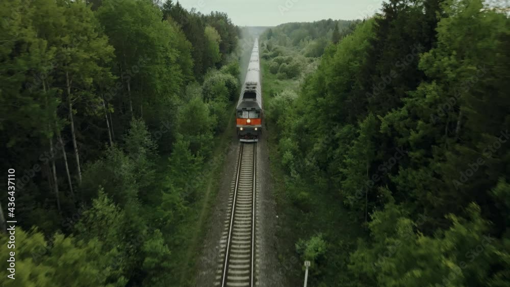 Passenger train rides on a railway in a beautiful forest shooting from the air. The drone's camera follows the train from the air.