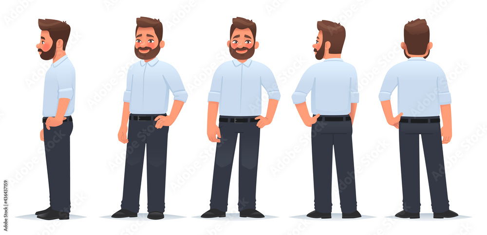 Fototapeta premium Business man character from different angles. View from the front, side and back. The guy is in a pose. Vector illustration