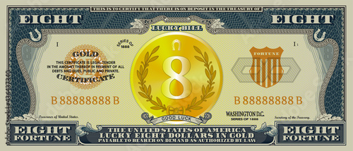 Obverse of the gold certificate lucky eight US dollars. Paper souvenir banknote with a golden coin in the center