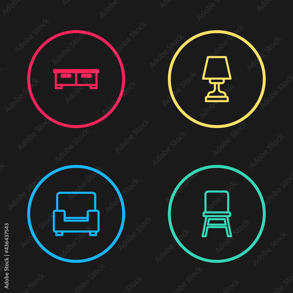 Set line Armchair, Chair, Table lamp and Chest of drawers icon. Vector Set line Armchair, Chair, Table lamp and Chest of drawers icon. Vector