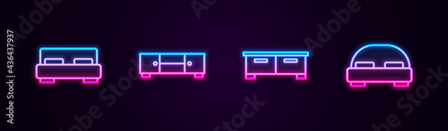 Set line Big bed, Chest of drawers, and . Glowing neon icon. Vector