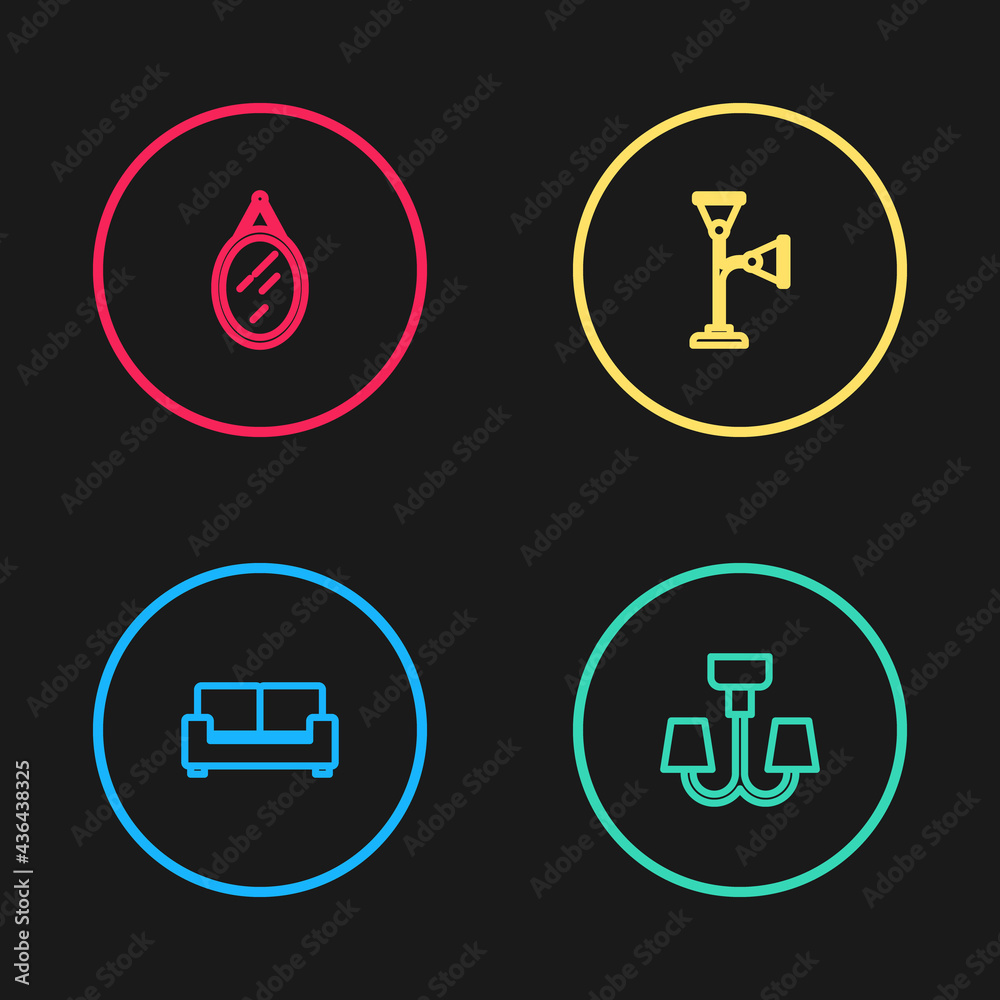 Set line Sofa, Chandelier, Floor lamp and Mirror icon. Vector Set line Sofa, Chandelier, Floor lamp and Mirror icon. Vector