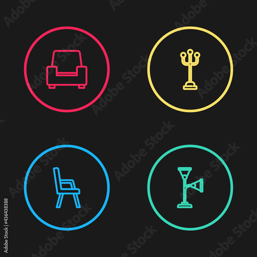 Set line Armchair, Floor lamp, Coat stand and icon. Vector