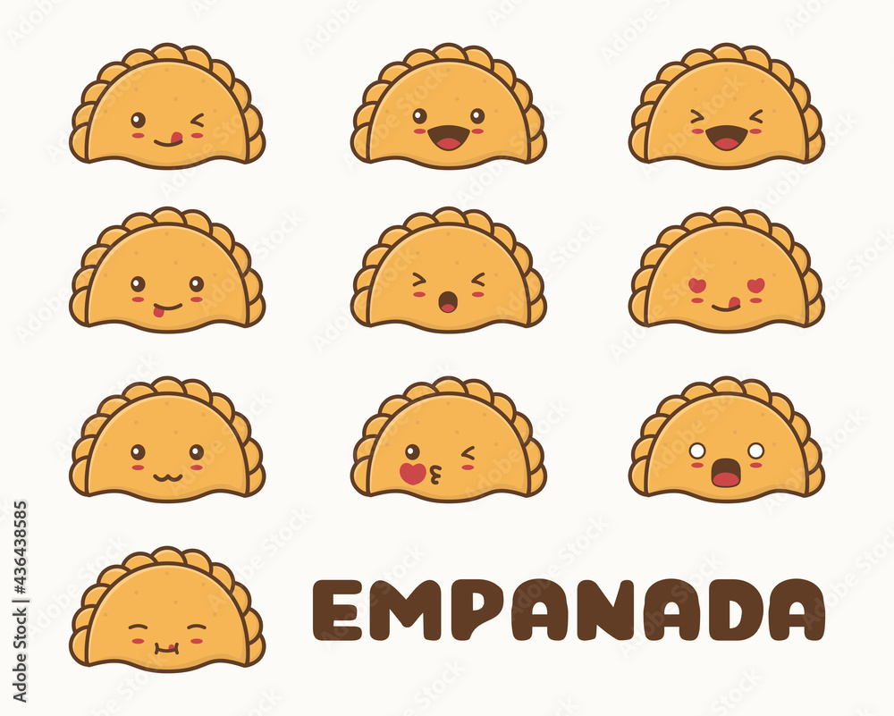 set, cartoon illustration of empanadas.