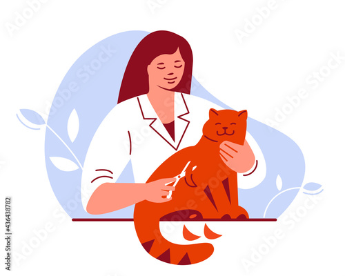Pet grooming concept. A young woman cuts a cat's fur. Vector illustration in flat style. Isolated on a white background.