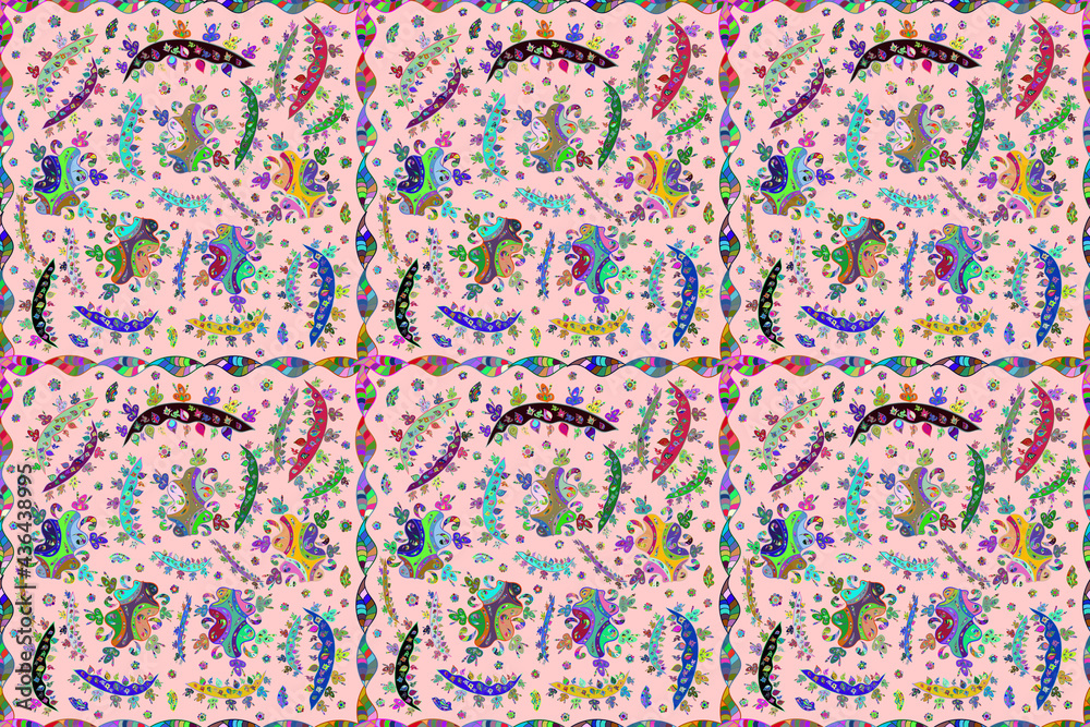 Seamless pattern with interesting doodles on colorfil background. Pano. Raster illustration. Seamless pattern with interesting doodles on colorfil background. Pano. Raster illustration.