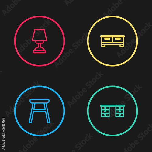 Set line Chair, Office desk, Chest of drawers and Table lamp icon. Vector