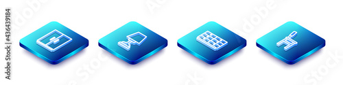 Set Isometric line Wardrobe, Table lamp, Chest of drawers and Chair icon. Vector