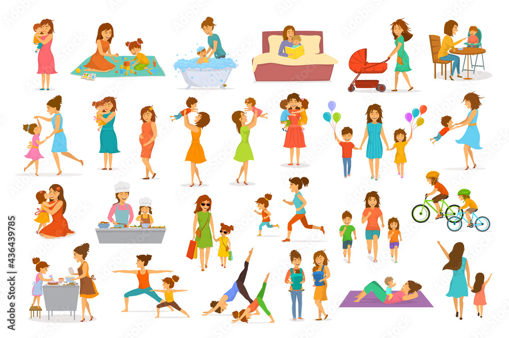 cute cartoon mother and children isolated vector scenes set, mom with  daughter son kids baby cook,