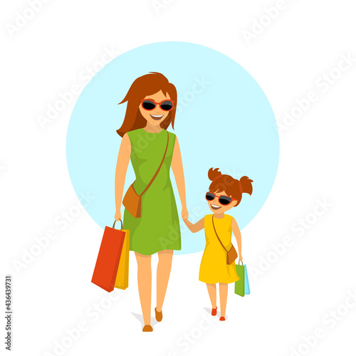cute smiling mother and daughter, woman and girl walking holding hands  shopping together isolated vector illustration scene