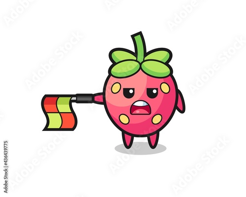 strawberry character as line judge hold the flag straight horizontally