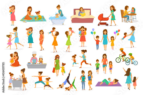 cute cartoon mother and children isolated vector scenes set, mom with daughter son kids baby cook, bake, play ride bike, make exercise sport run yoga dance hug kiss walk, shopping, read book