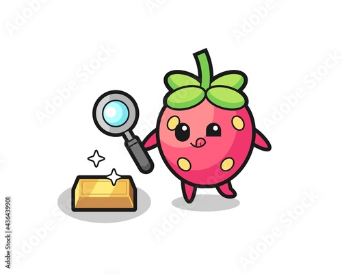 strawberry character is checking the authenticity of the gold bullion